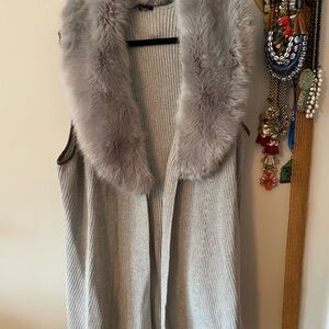 Talbots Gray Sweater Vest with Faux Fur Collar